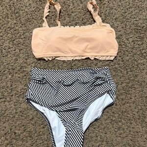 Peach Ruffle Bikini Top and Black Striped Bottoms